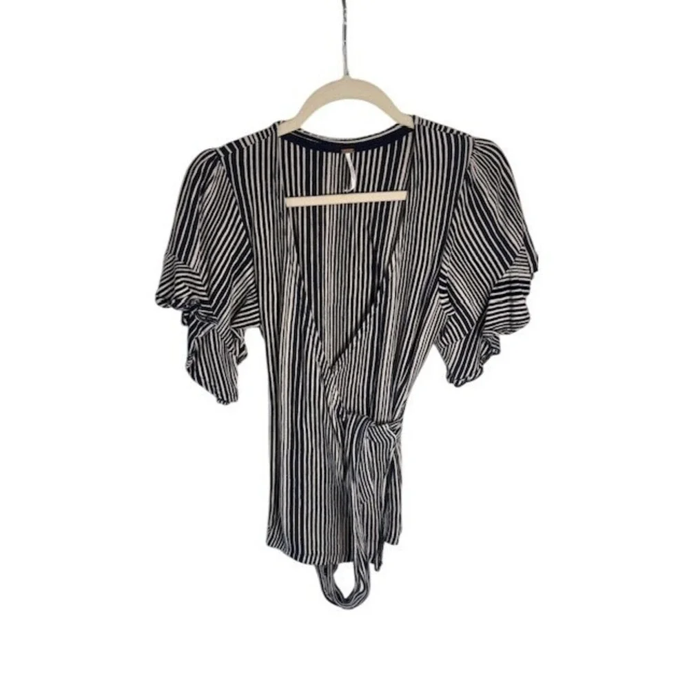 Free People Wrap Top Womens S Navy Blue Stripe Puff Sleeve Ruffle Cotton